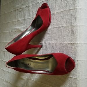 Guess Red Suede Peep Toe Heels